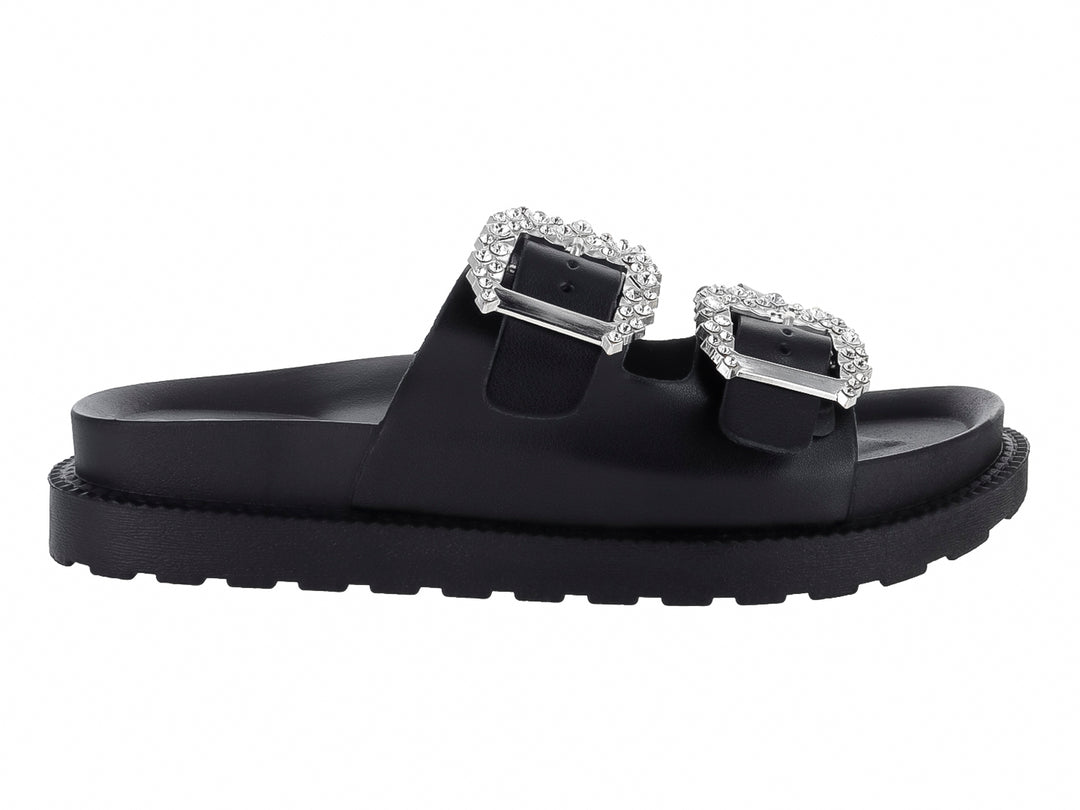 Sandalias negras de plataforma con dos correas y hebillas decoradas con brillantes.