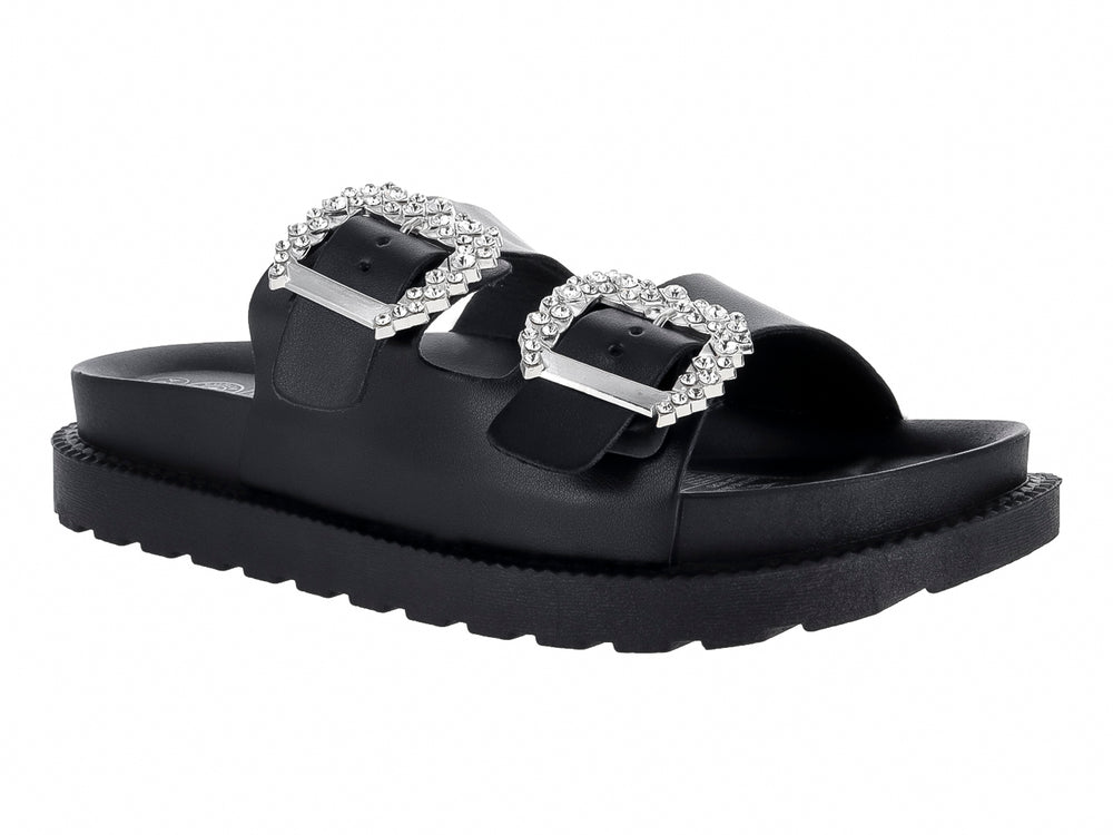 Sandalias negras de plataforma con dos correas y hebillas decoradas con brillantes.