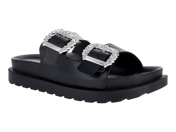 Sandalias negras de plataforma con dos correas y hebillas decoradas con brillantes.
