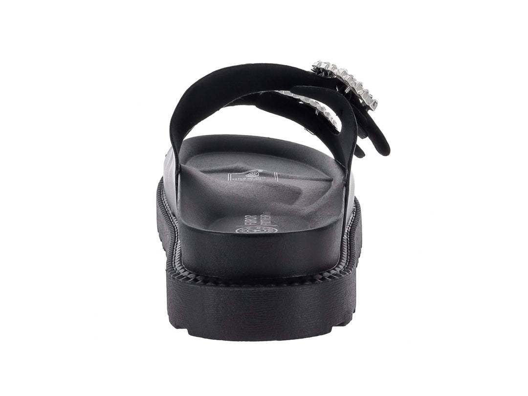 Sandalias negras de plataforma con dos correas y hebillas decoradas con brillantes.
