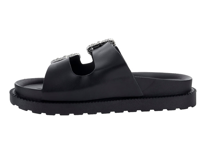 Sandalias negras de plataforma con dos correas y hebillas decoradas con brillantes.