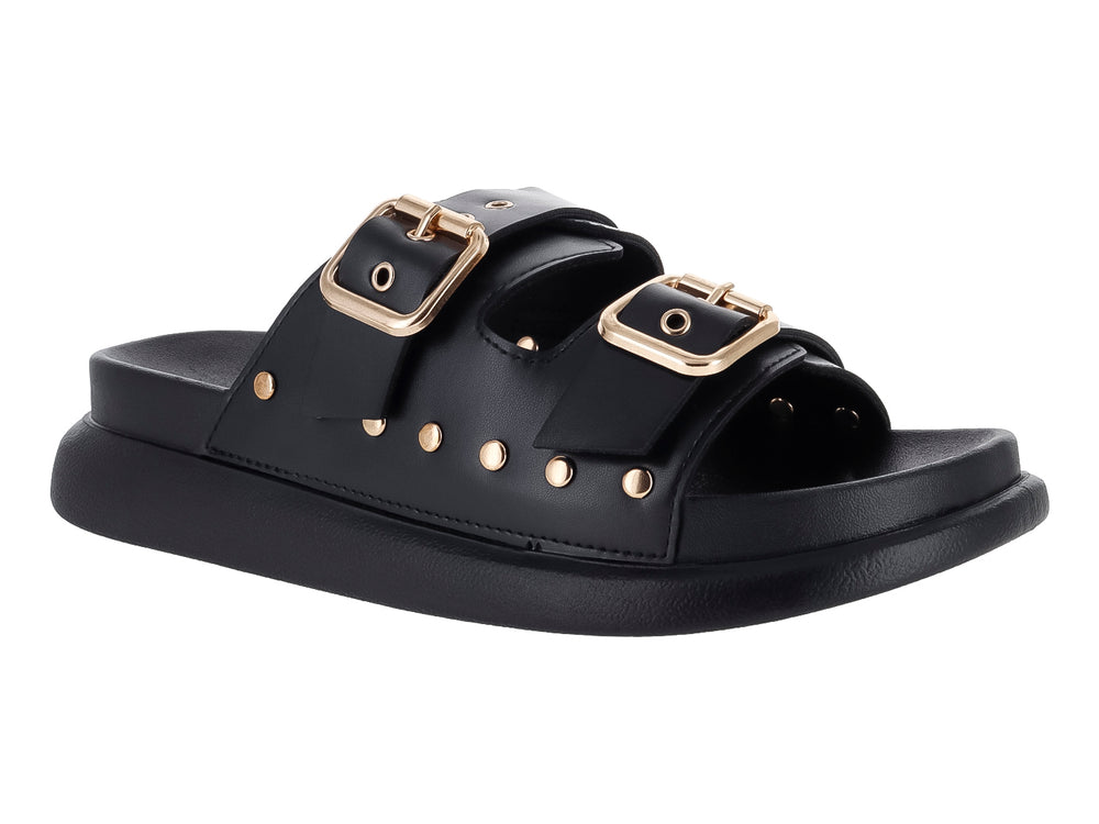 Sandalias negras de plataforma para niña con dos correas ajustables mediante hebillas doradas y detalles de ojetes.