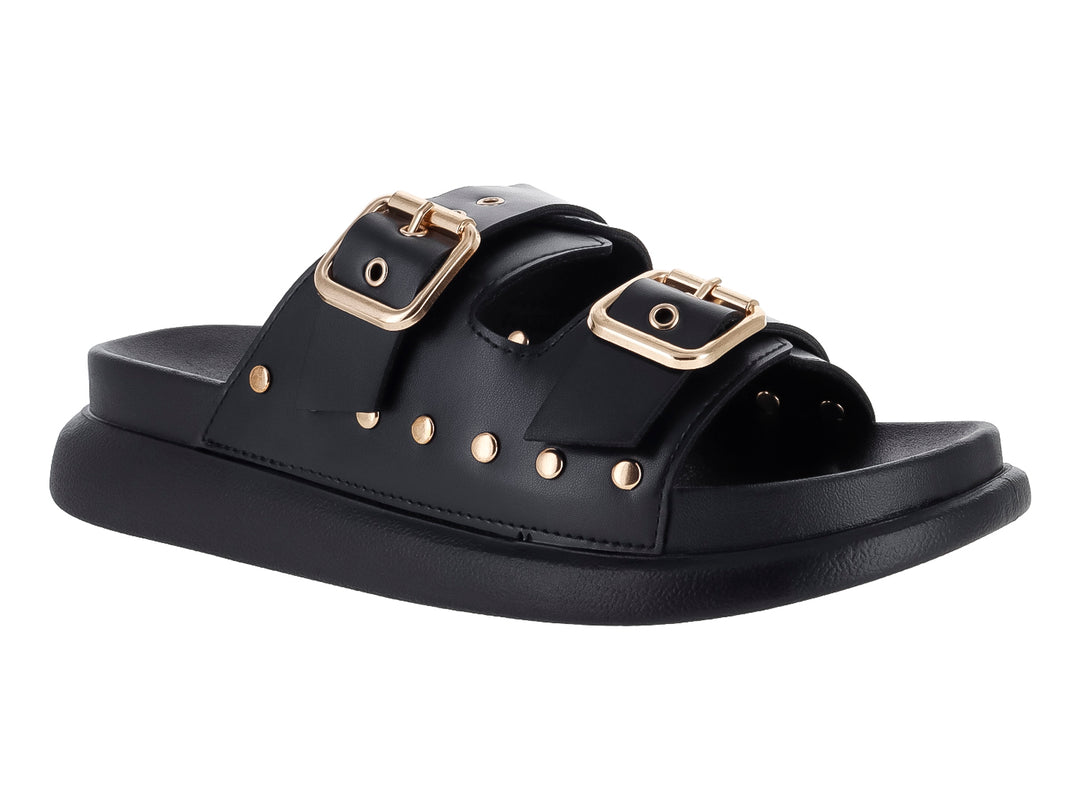 Sandalias negras de plataforma para niña con dos correas ajustables mediante hebillas doradas y detalles de ojetes.