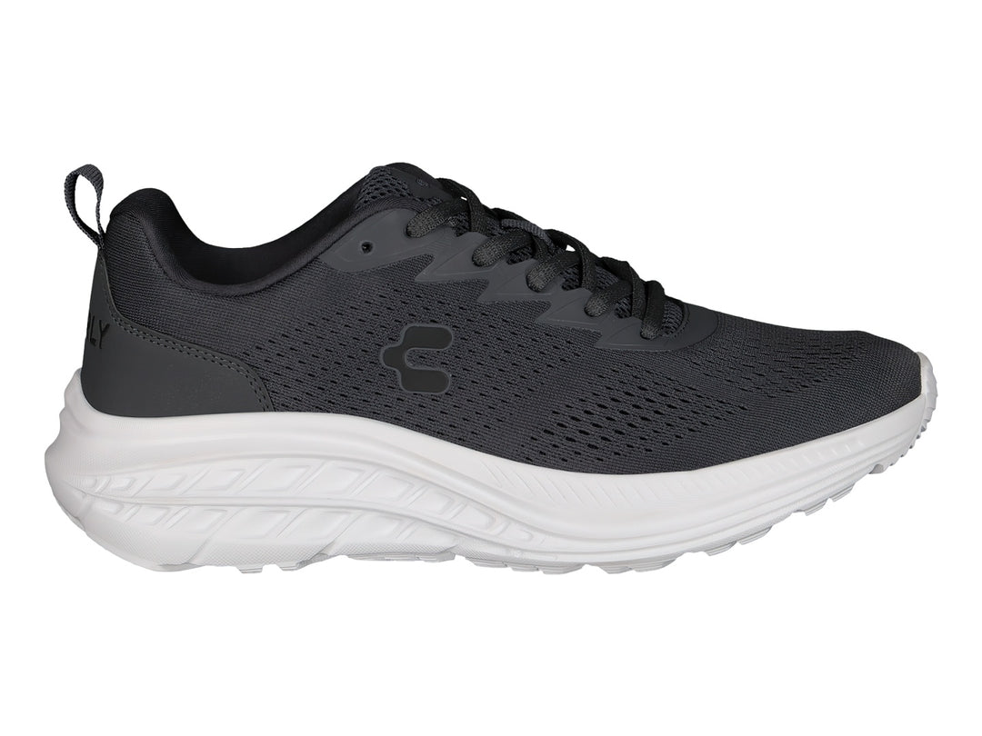 Tenis deportivos Charly color gris oxford con suela blanca y tejido transpirable.