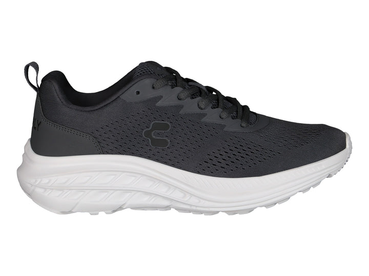 Tenis deportivos Charly color gris oxford con suela blanca y tejido transpirable.
