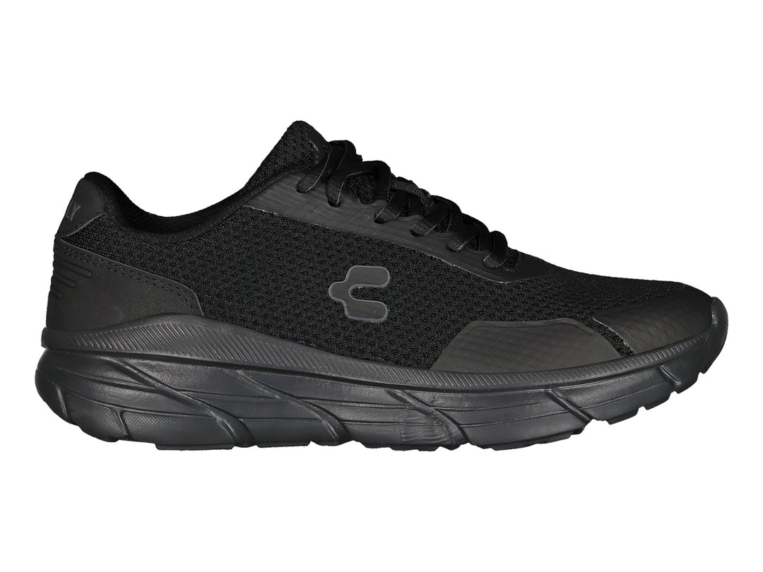 Tenis deportivos Charly color negro total con malla transpirable y suela robusta.