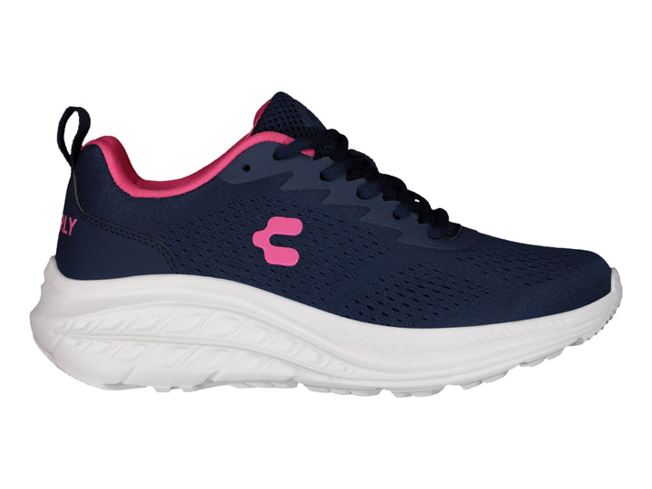 Tenis deportivos Charly color azul marino con detalles en fucsia y suela blanca.