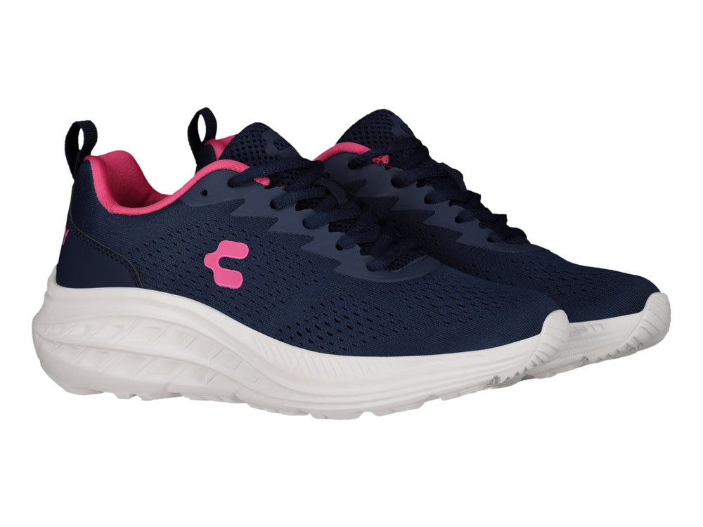 Tenis deportivos Charly color azul marino con detalles en fucsia y suela blanca.