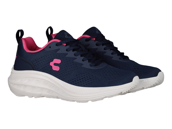 Tenis deportivos Charly color azul marino con detalles en fucsia y suela blanca.