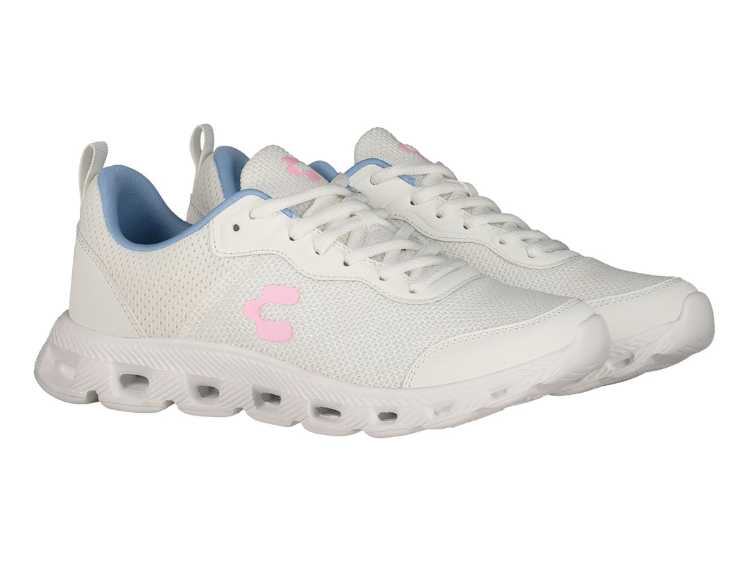 Tenis deportivos Charly color blanco con detalles en azul y rosa, vista lateral.
