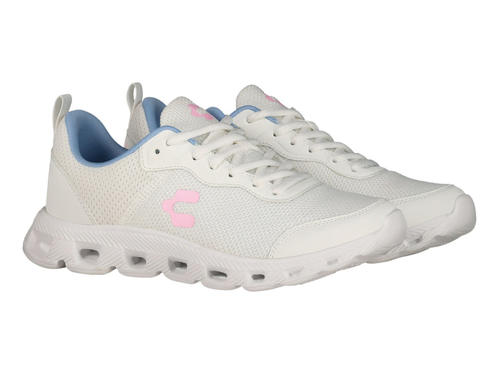 Tenis deportivos Charly color blanco con detalles en azul y rosa, vista lateral.