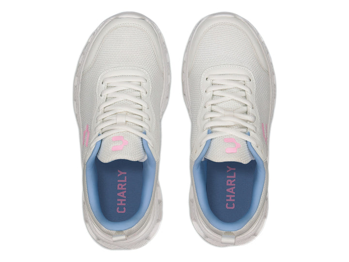 Tenis deportivos Charly color blanco con detalles en azul y rosa, vista lateral.