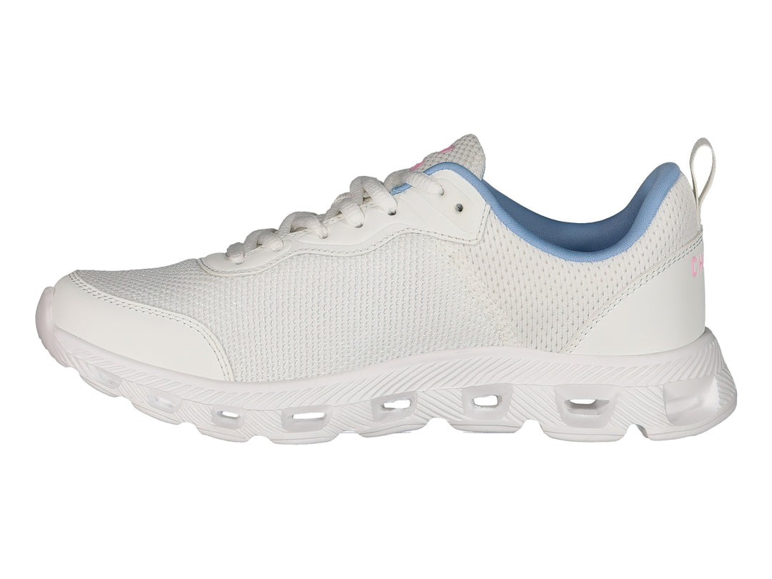 Tenis deportivos Charly color blanco con detalles en azul y rosa, vista lateral.