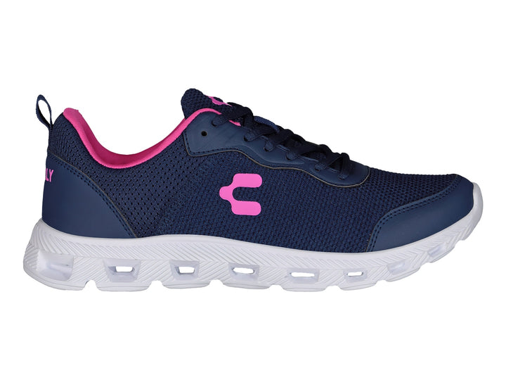Tenis deportivos Charly color azul marino con detalles en fucsia y suela blanca.