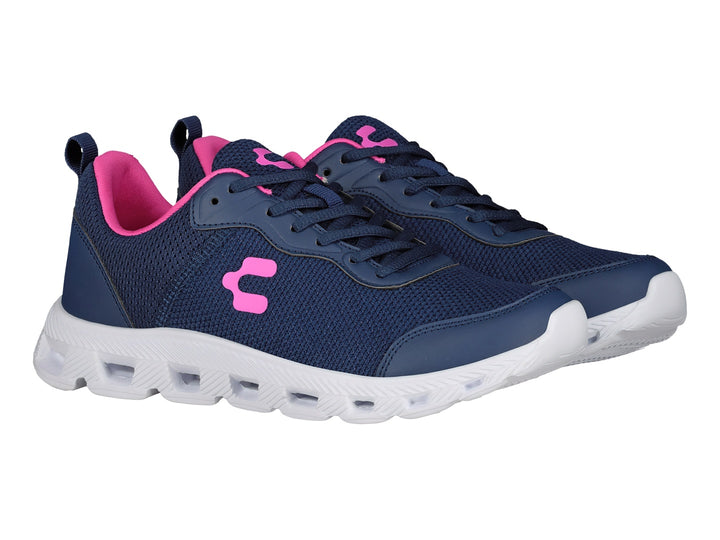 Tenis deportivos Charly color azul marino con detalles en fucsia y suela blanca.