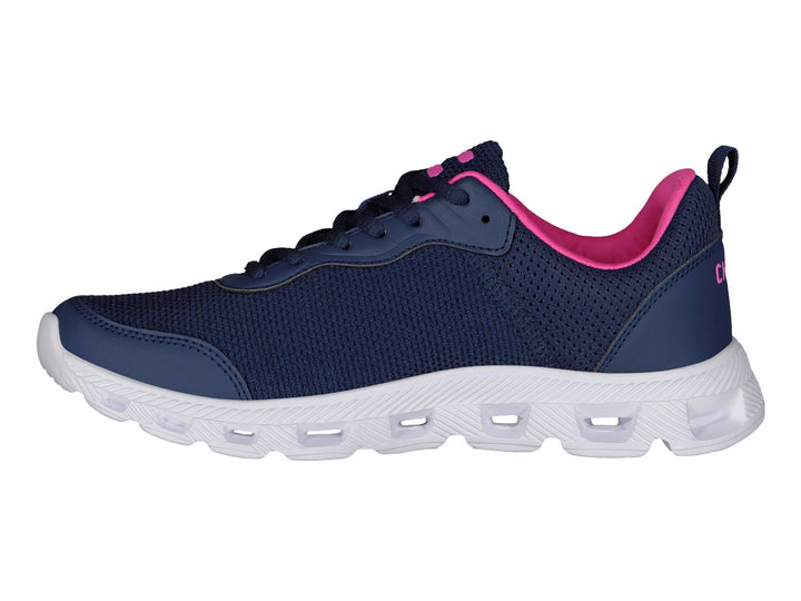 Tenis deportivos Charly color azul marino con detalles en fucsia y suela blanca.