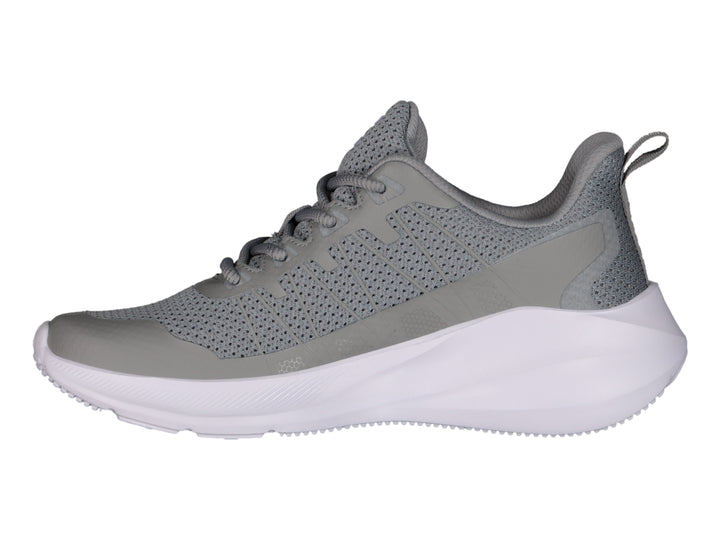 Tenis deportivos Charly de color gris con suela blanca y detalles en morado claro.