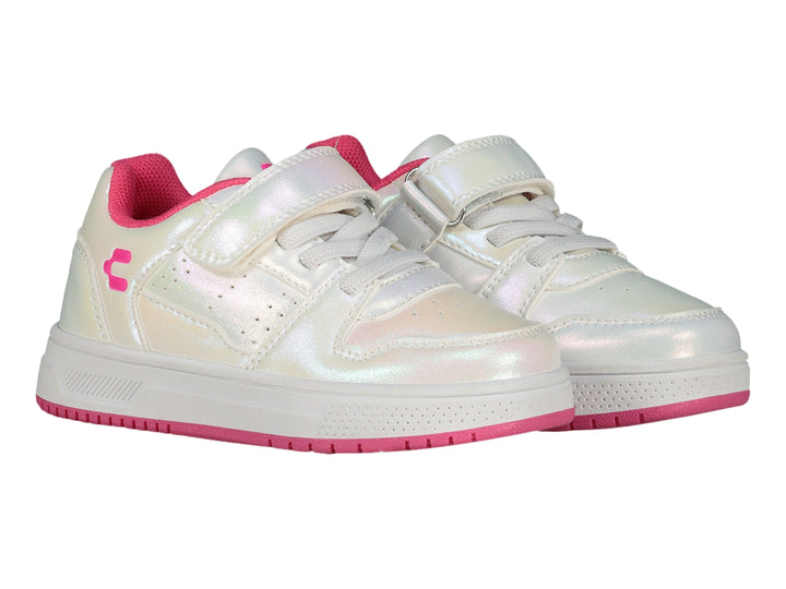 Tenis deportivos Charly blancos iridiscentes con suela y detalles en fucsia para Niña.