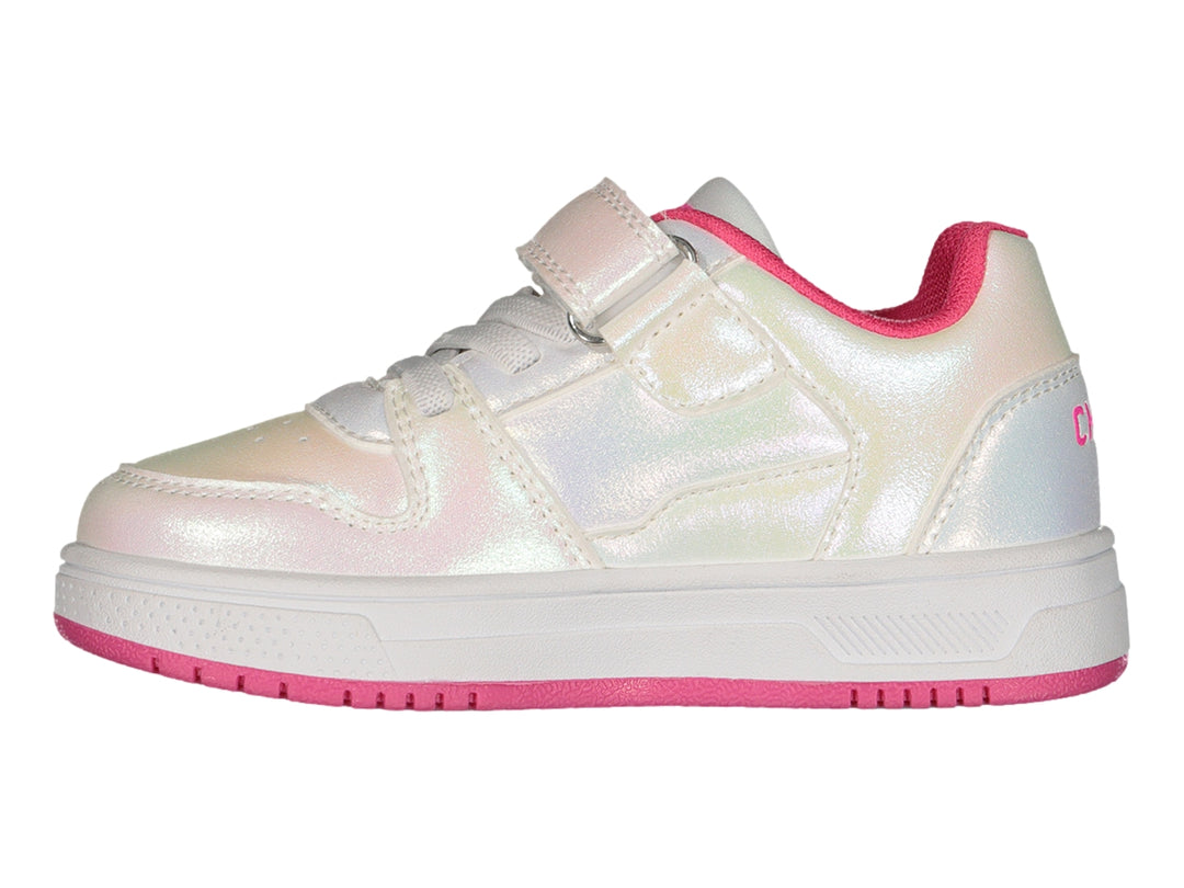 Tenis deportivos Charly blancos iridiscentes con suela y detalles en fucsia para Niña.
