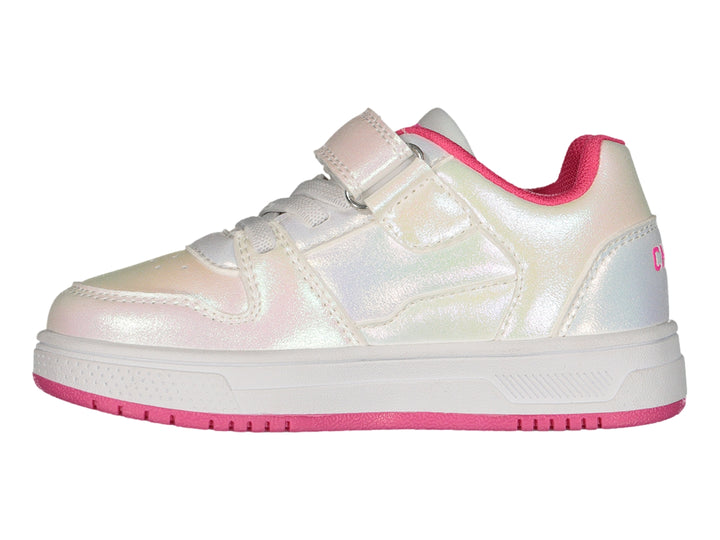 Tenis deportivos Charly blancos iridiscentes con suela y detalles en fucsia para Niña.