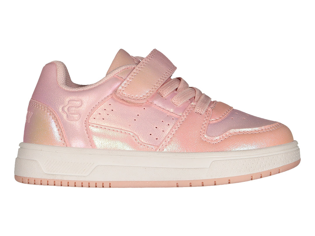 Tenis deportivos Charly para niña en color rosa con detalles brillantes, cierre de velcro y suela blanca.