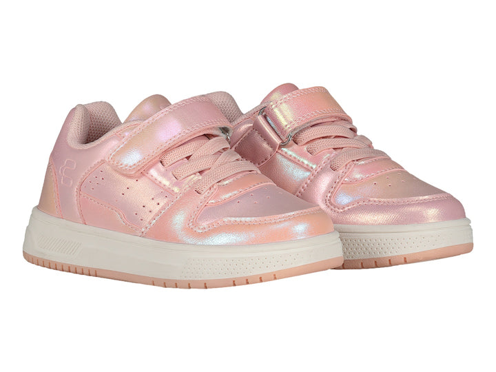 Tenis deportivos Charly para niña en color rosa con detalles brillantes, cierre de velcro y suela blanca.