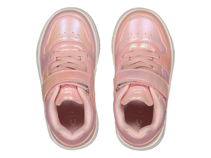 Tenis deportivos Charly para niña en color rosa con detalles brillantes, cierre de velcro y suela blanca.