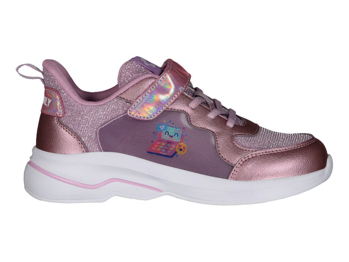 Tenis deportivos para Niña en color morado con detalles brillantes, correa holográfica y suela blanca.