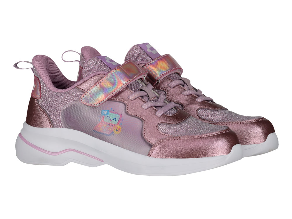 Tenis deportivos para Niña en color morado con detalles brillantes, correa holográfica y suela blanca.