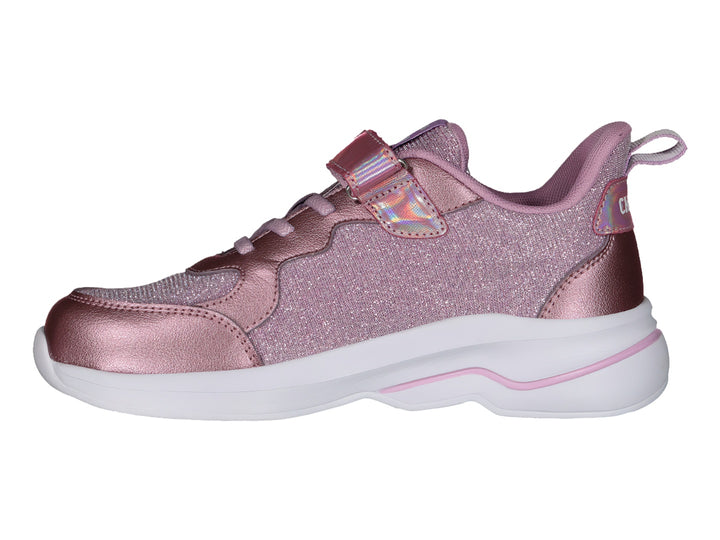 Tenis deportivos para Niña en color morado con detalles brillantes, correa holográfica y suela blanca.