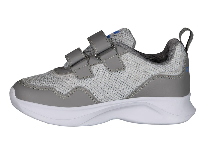Tenis deportivos Charly color gris y blanco con cierre de velcro y suela blanca.