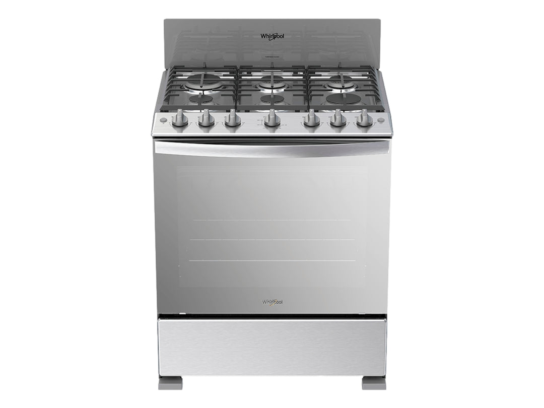 Estufa Whirlpool de acero inoxidable gris con 6 quemadores y horno integrado.