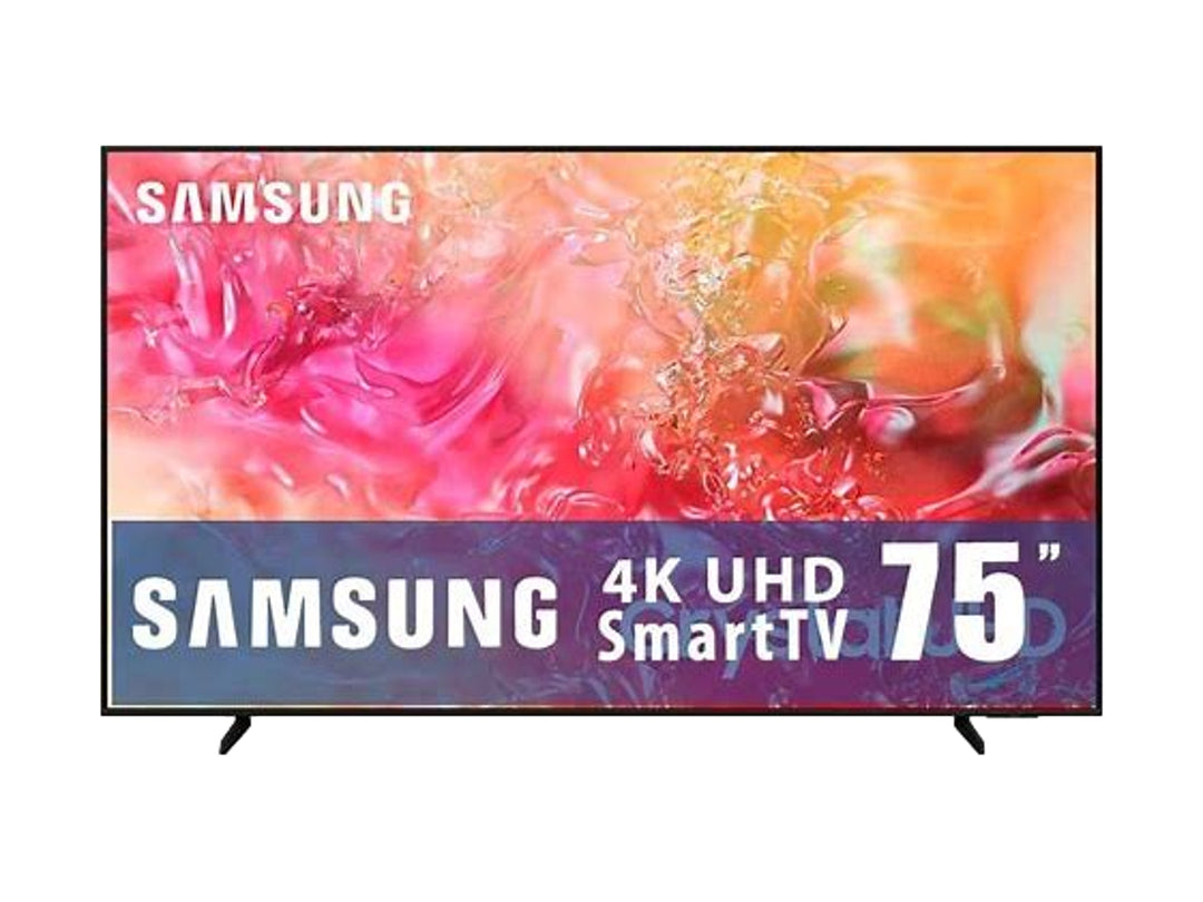 Televisor Samsung 4K UHD de 75 pulgadas con marco negro y pantalla plana.