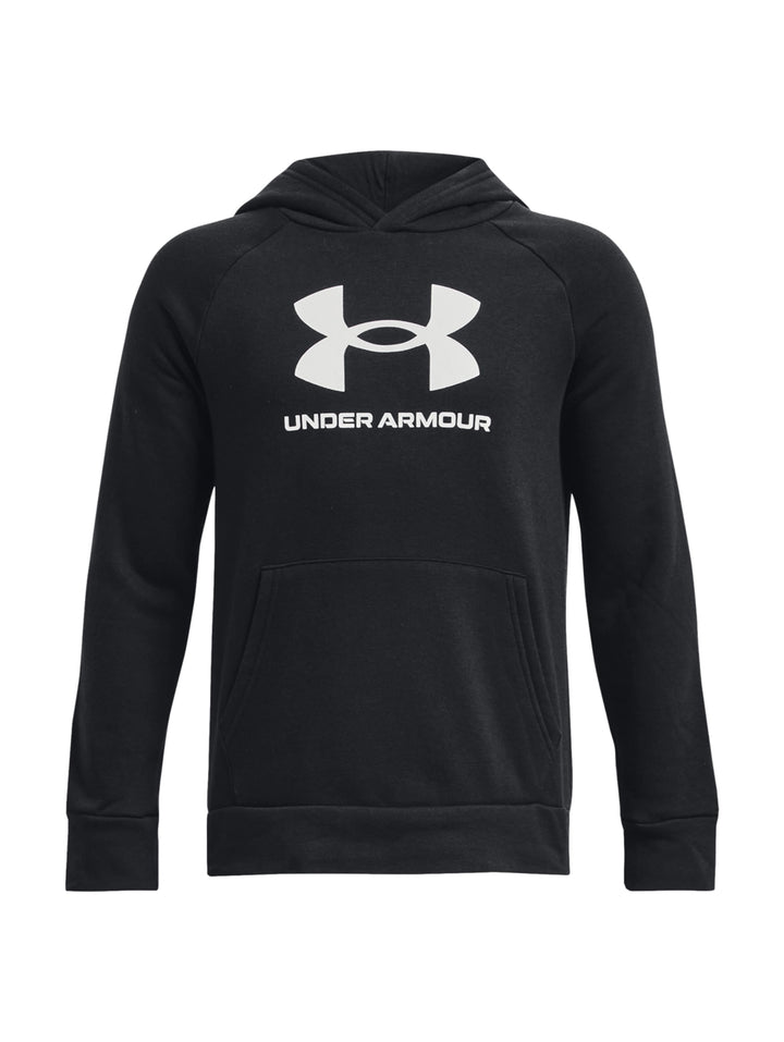Sudadera deportiva Under Armour de color negro con capucha y logotipo blanco en el pecho.