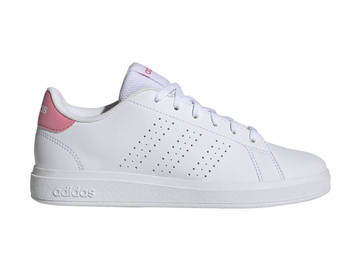 Tenis Adidas Advantage Base 2.0 para niños en color blanco con detalles en rosa en el talón y lengüeta.