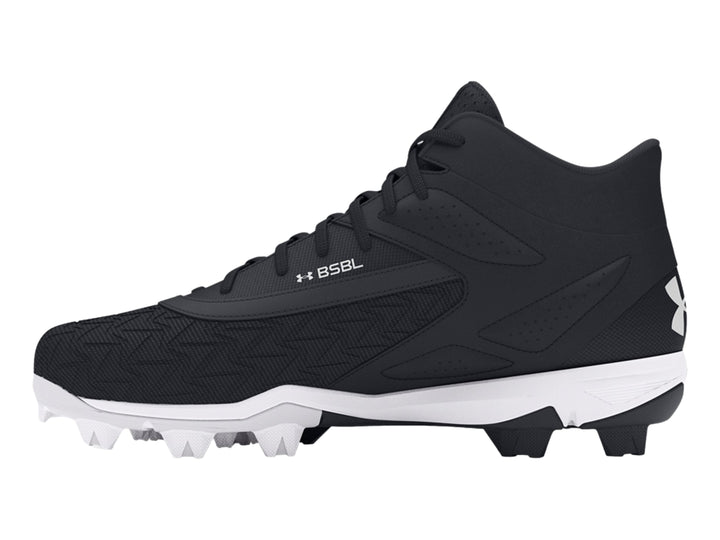 Zapato deportivo Under Armour Leadoff Mid 3.0 en color negro con suela blanca y tacos.