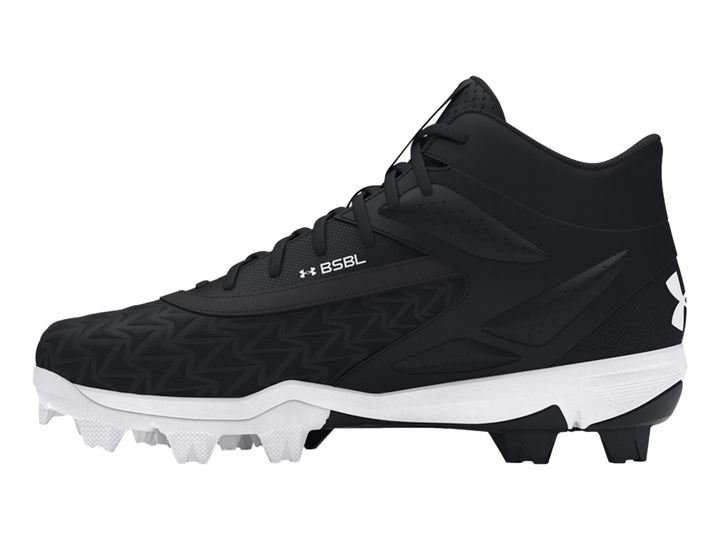 Zapato deportivo Under Armour Leadoff Mid RM JR 3.0 color negro con suela blanca.