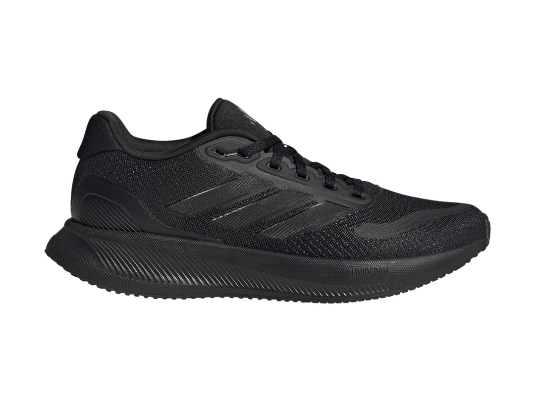 Tenis Adidas Runfalcon 5 en color negro total, diseño deportivo para running con malla transpirable.