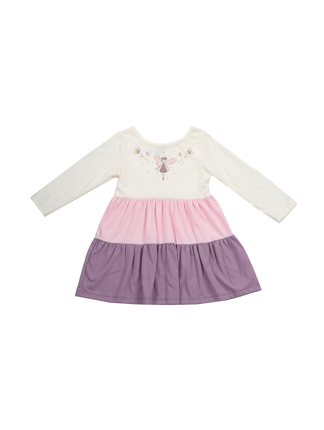 Vestido para niña de manga larga en colores hueso, rosa y morado con un dibujo de hada en el pecho.