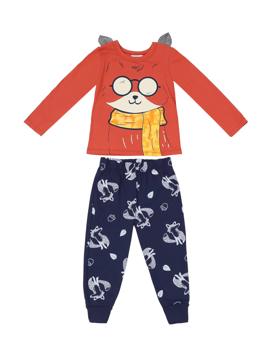 Conjunto de ropa para bebé con playera color ladrillo con diseño de zorro y pantalón jogger azul marino estampado.