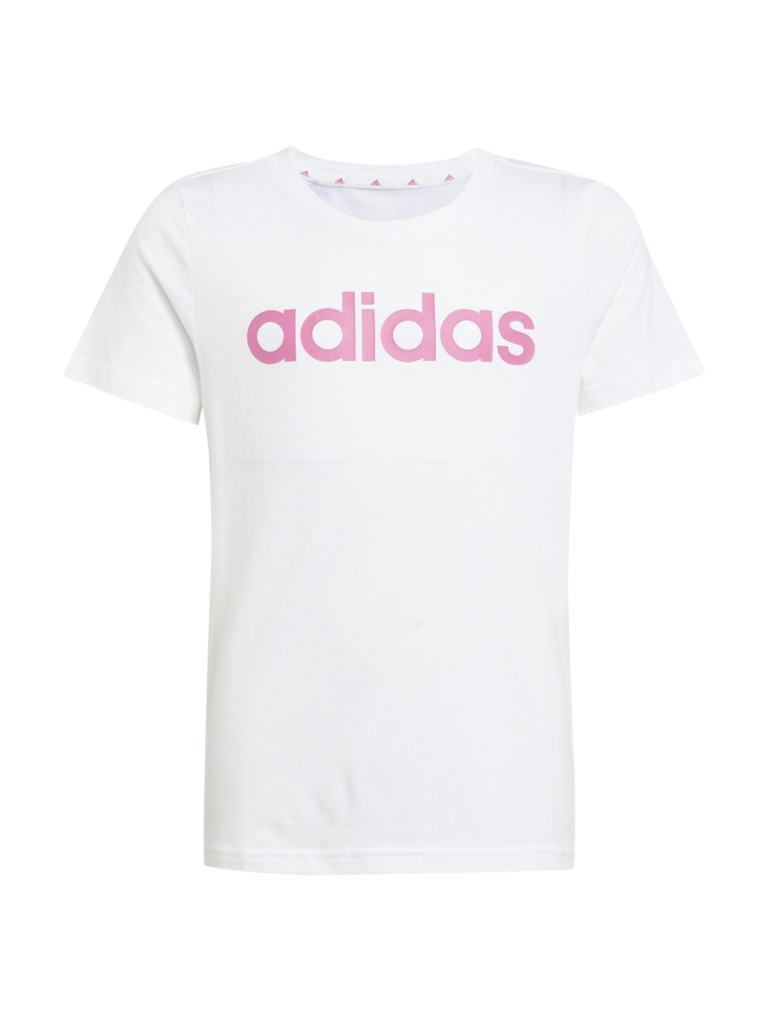 Playera blanca de manga corta con logotipo de Adidas en color rosa en el pecho.