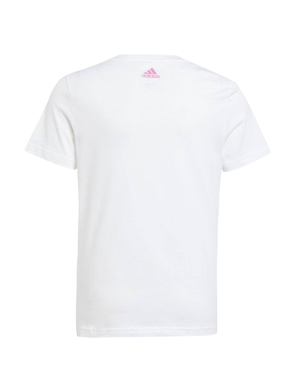 Playera blanca de manga corta con logotipo de Adidas en color rosa en el pecho.