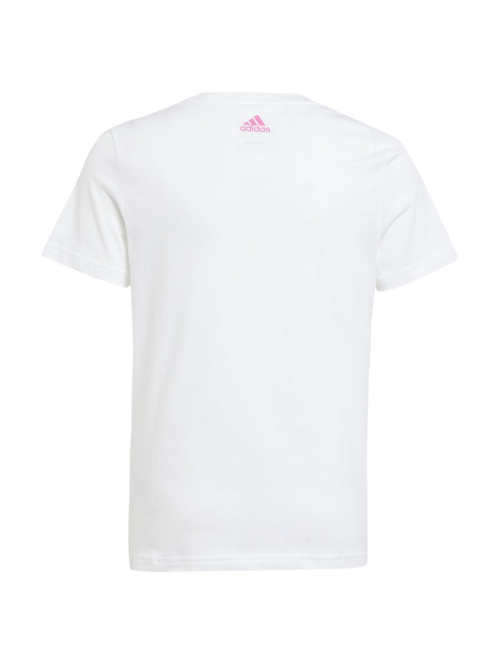 Playera blanca de manga corta con logotipo de Adidas en color rosa en el pecho.
