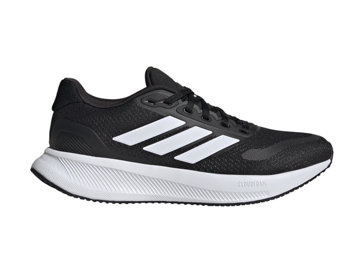 Tenis Adidas Runfalcon 5 en color negro con franjas blancas y suela blanca.