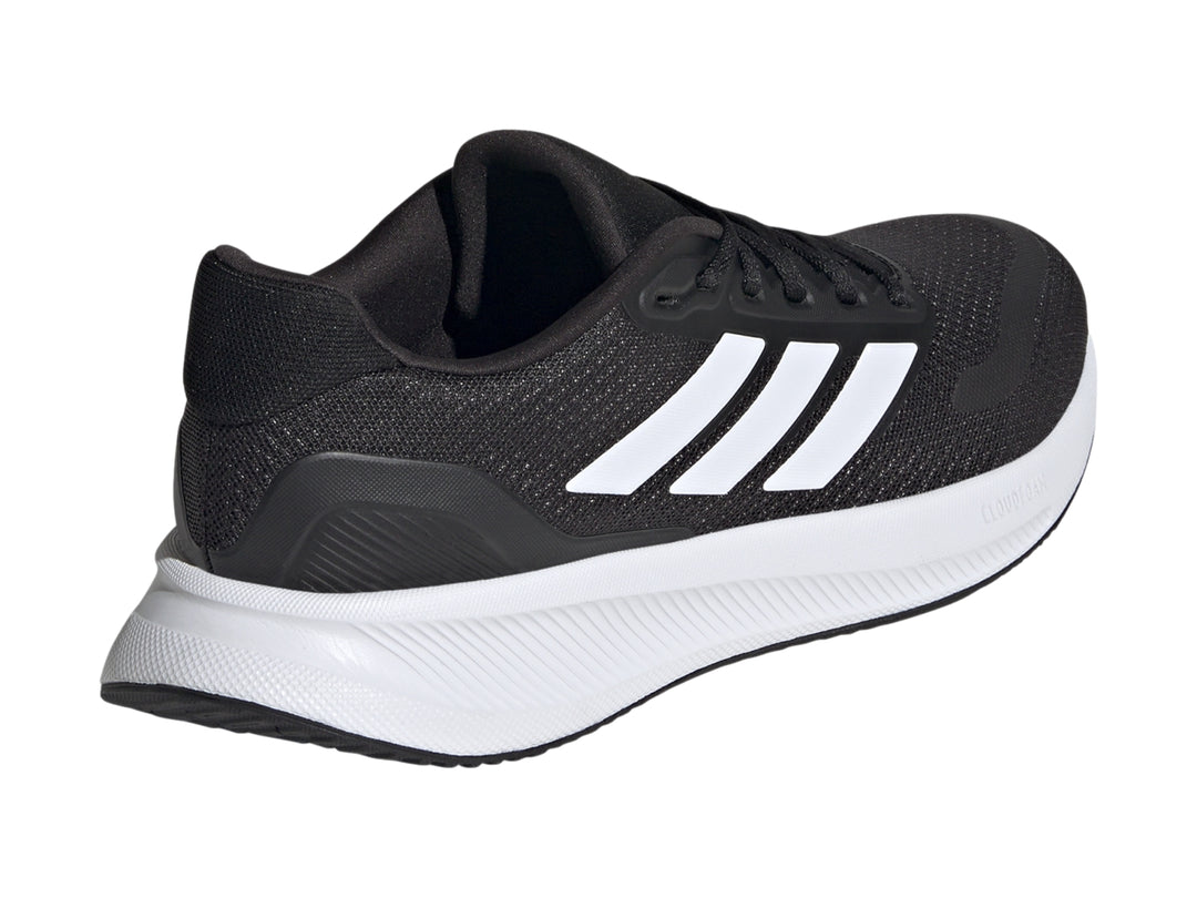 Tenis Adidas Runfalcon 5 en color negro con franjas blancas y suela blanca.