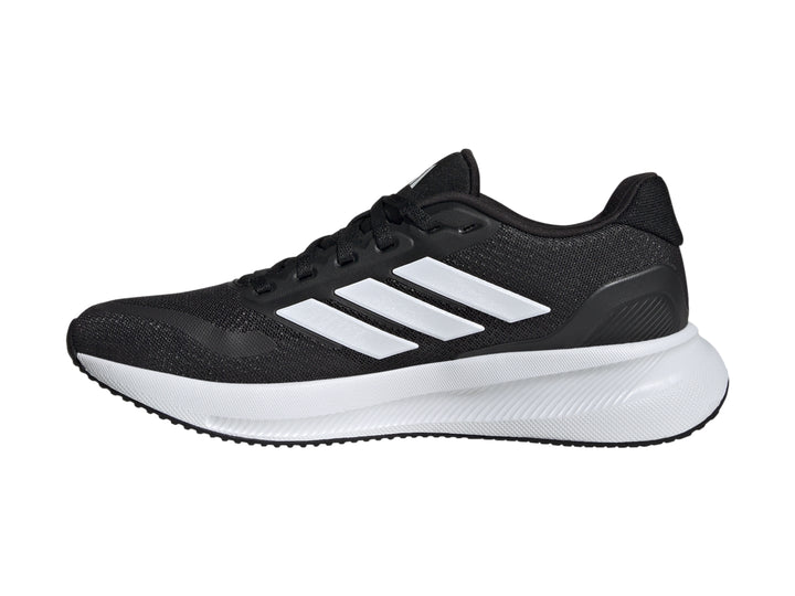 Tenis Adidas Runfalcon 5 en color negro con franjas blancas y suela blanca.