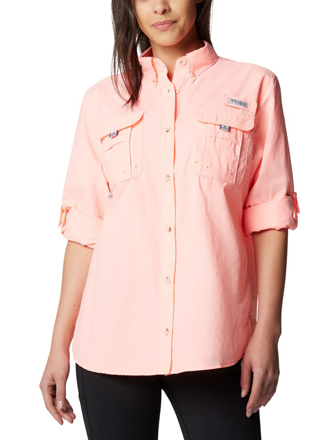 Camisa Columbia PFG de manga larga en color rosa Tiki Pink para mujer.