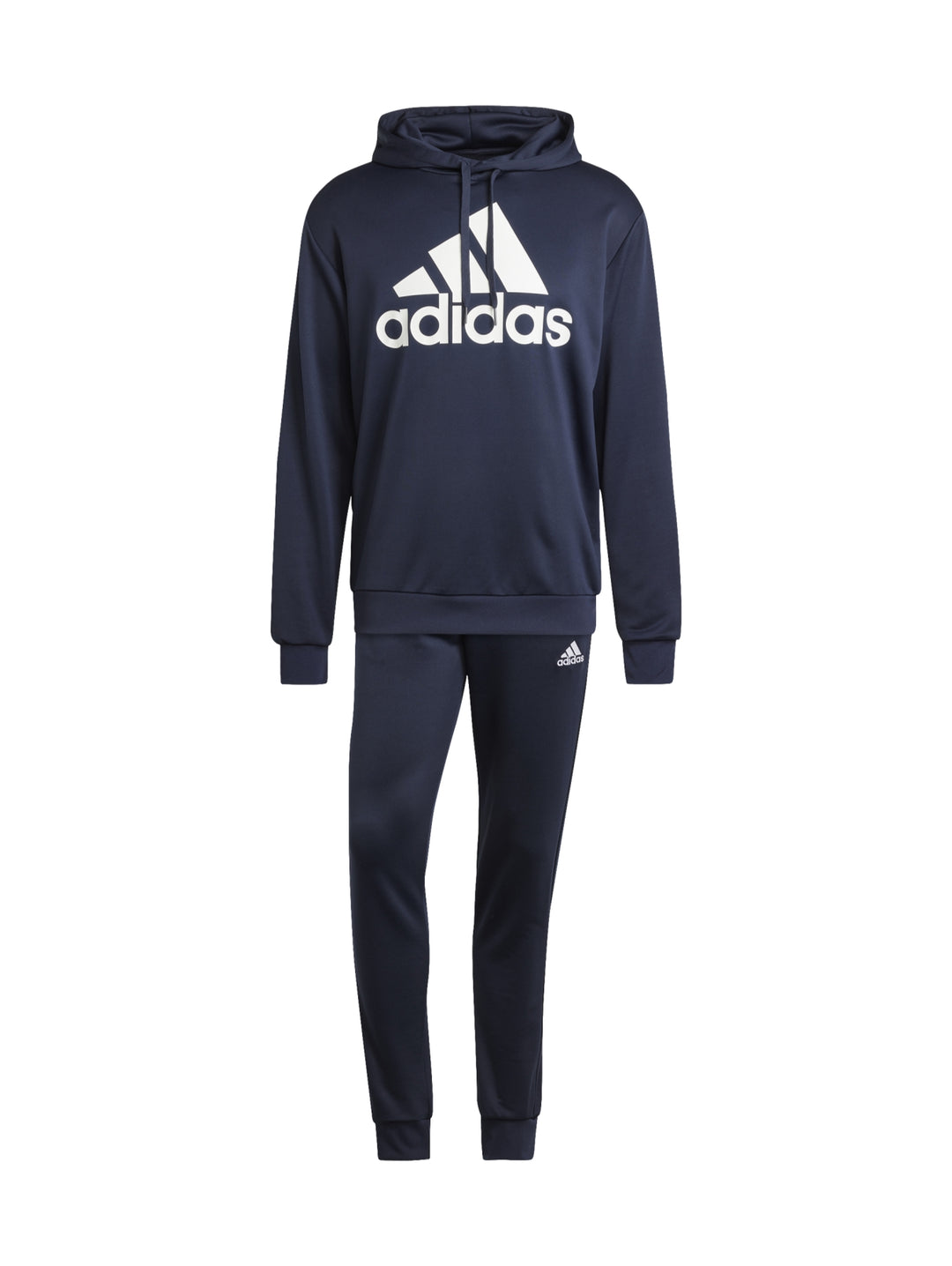 Hombre vistiendo un conjunto deportivo Adidas de color azul marino compuesto por sudadera con gorro y pantalón.