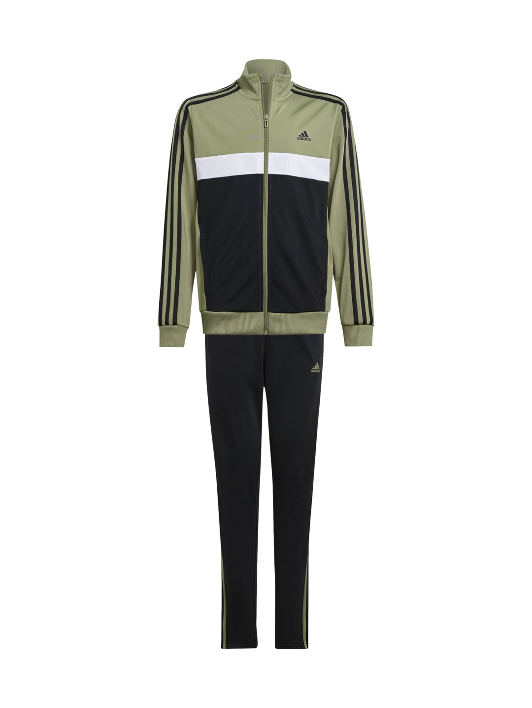 Conjunto deportivo Adidas para niño en color verde óxido y negro con franjas laterales.