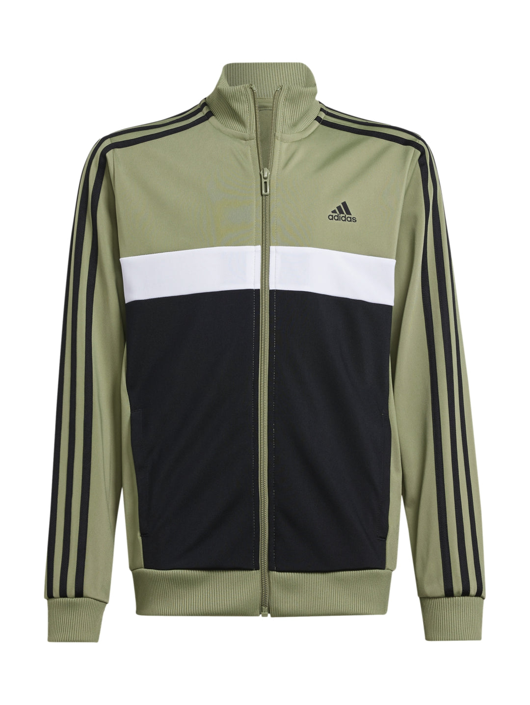 Conjunto deportivo Adidas para niño en color verde óxido y negro con franjas laterales.